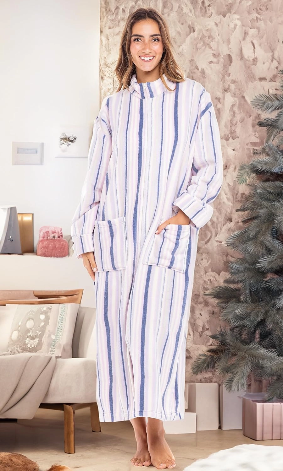 Alexander Del Rossa Long Zip Up Robes, Plush Zipper Robes for Plus Size, Housecoats Zipper Front