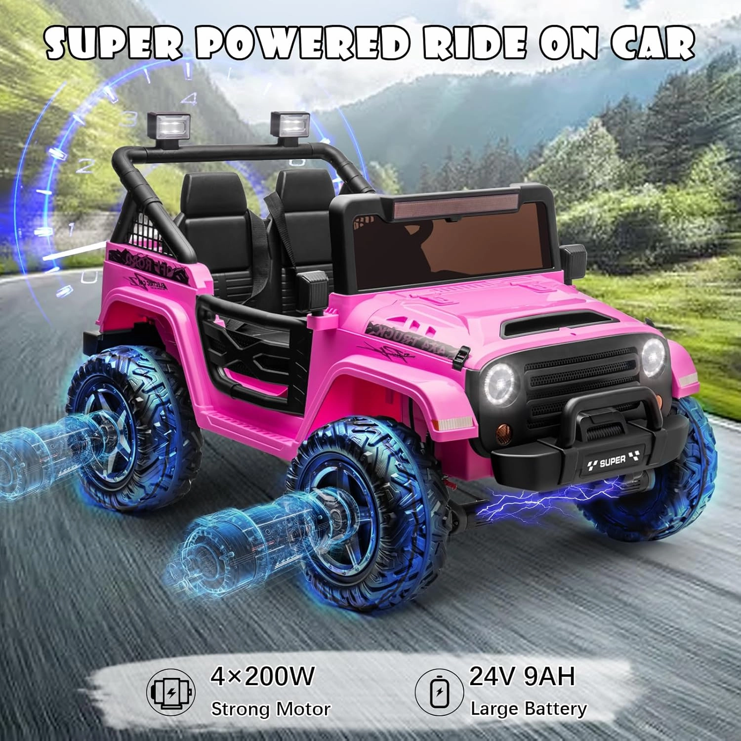 ALINUX 24V 4x4 Ride on Cars Toys for Big Kids, 9AH 5MPH Electric Cars Vehicles for Kids w/EVA Tires, 2 Wide Seater, Parent Remote, 4 Shock Absorbers, Music-Purple