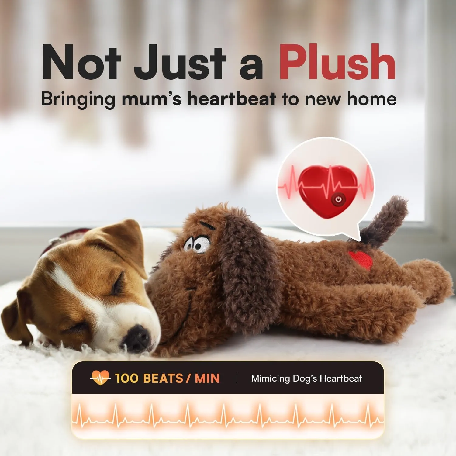 ALL FOR PAWS Dog Stuffed Animal with Heartbeat - Anxiety Relief & Behavioral Training Aid for Puppies | Perfect Sleep Aid Plush Toy for Small Dogs (48cm Brown Dog)