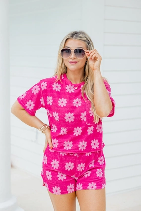 Always Be Around Pink Terry Daisy Lounge Top FINAL SALE