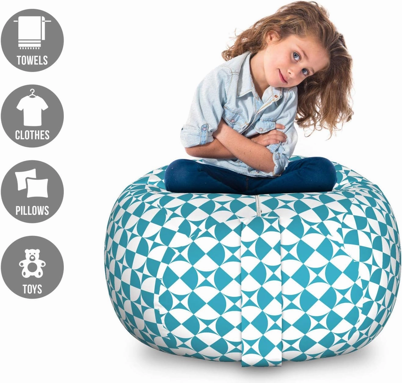 Ambesonne Crazy Art Storage Toy Bag Chair, Diagonal Circles in Squares Interpretation Graphical Abstract Design, Stuffed Animal Organizer Washable Bag, Large Size, Sea Blue and White