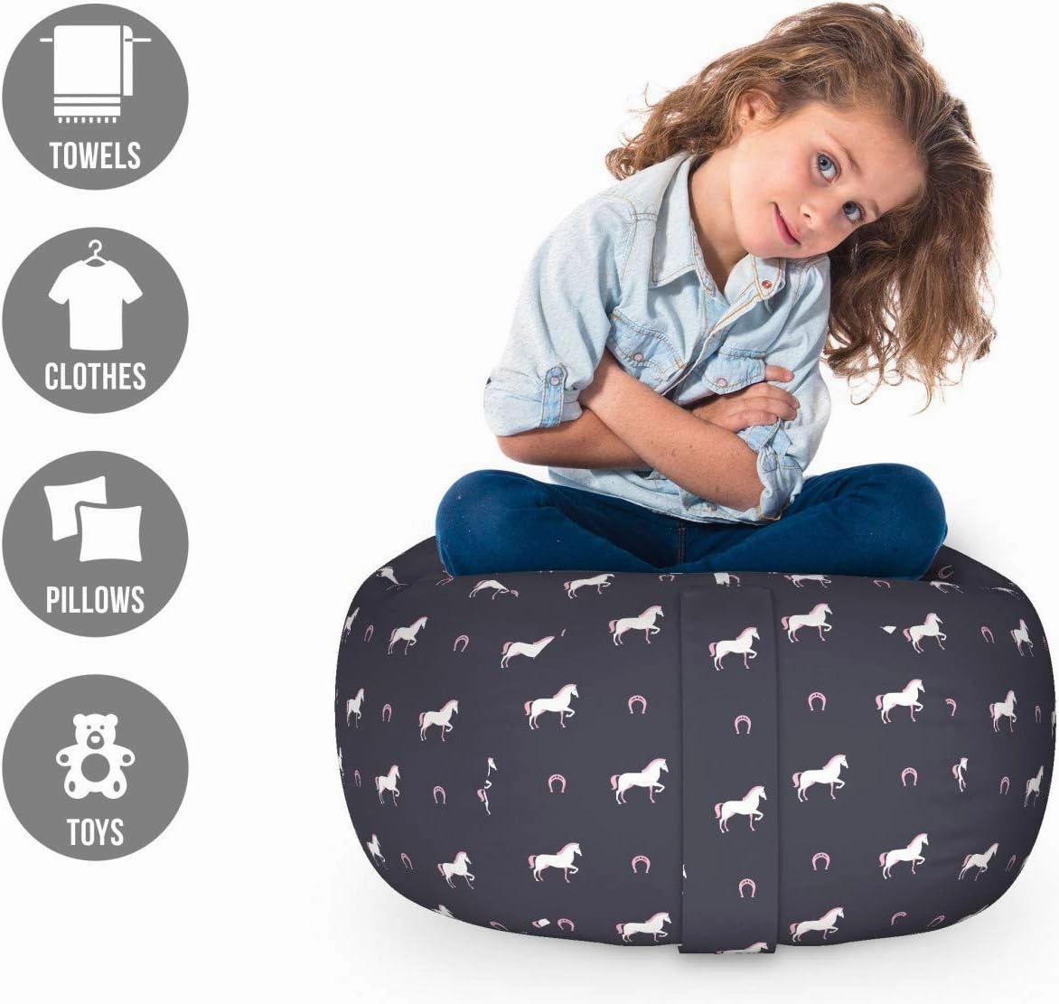Ambesonne Horses Storage Toy Bag Chair, Animal Pattern Sublime Mustang Silhouette Wildlife Horseshoe Abstract, Stuffed Animal Organizer Washable Bag, Small Size, Purple Grey