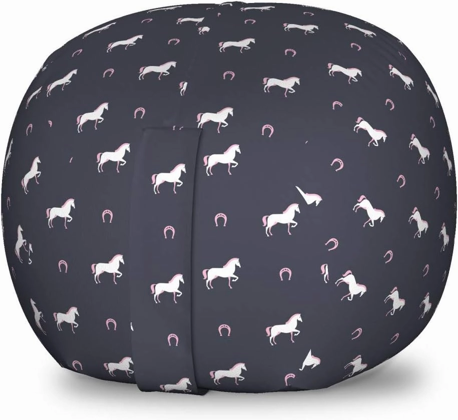 Ambesonne Horses Storage Toy Bag Chair, Animal Pattern Sublime Mustang Silhouette Wildlife Horseshoe Abstract, Stuffed Animal Organizer Washable Bag, Small Size, Purple Grey