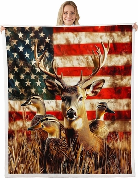 American Flag Twin 60"X80" Throw Blanket,Deer Hunting Fleece Blanket for Boys Teens Kids Rustic Duck Country Cabin Jungle Sherpa Blanket,Farmhouse Woodland Camouflage Wildlife Animal Fuzzy Blanket