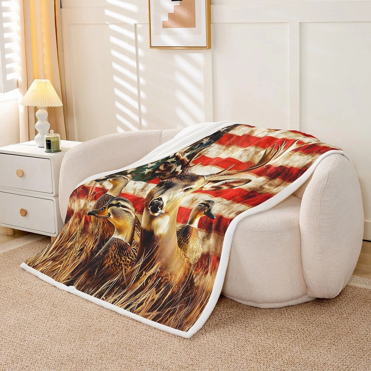 American Flag Twin 60"X80" Throw Blanket,Deer Hunting Fleece Blanket for Boys Teens Kids Rustic Duck Country Cabin Jungle Sherpa Blanket,Farmhouse Woodland Camouflage Wildlife Animal Fuzzy Blanket