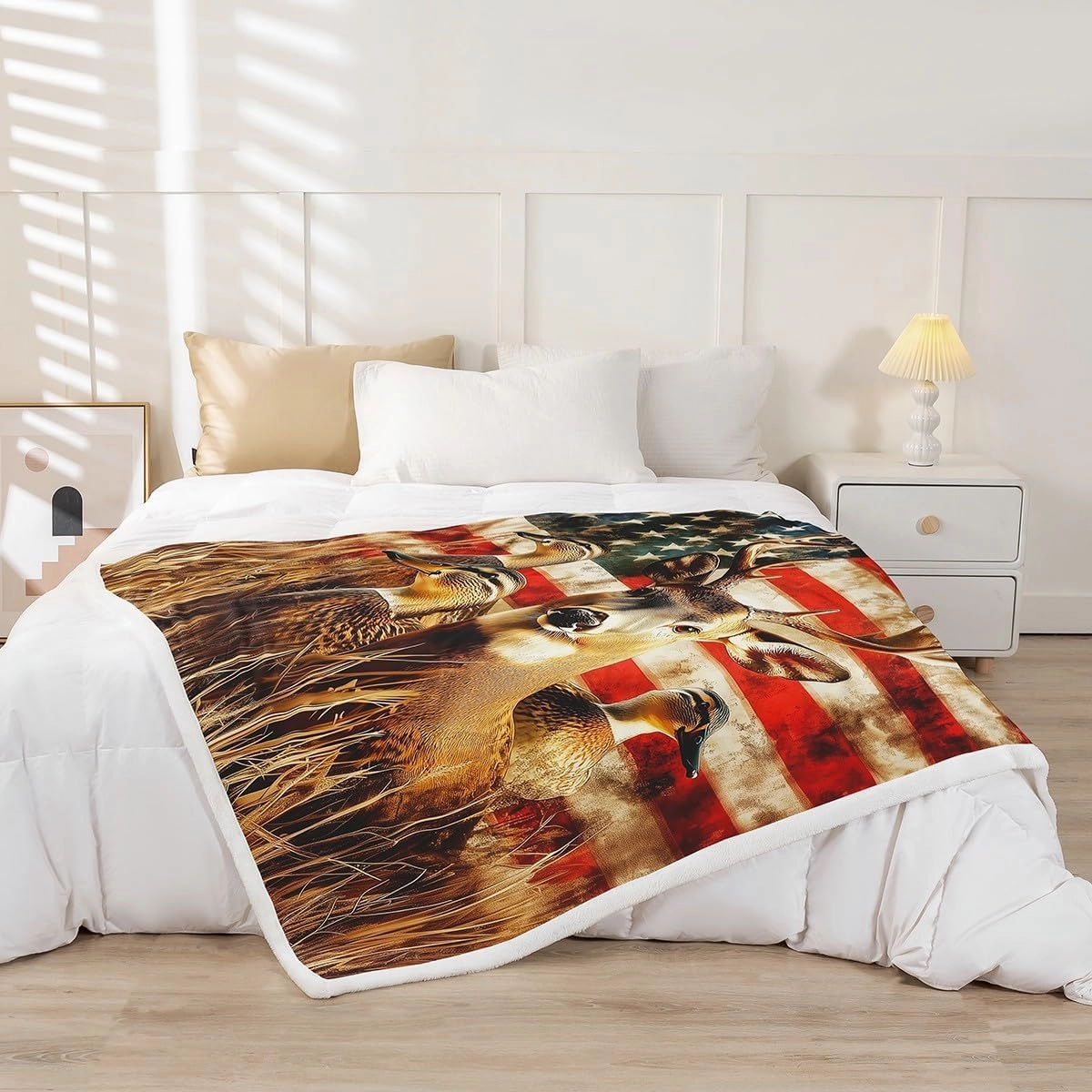American Flag Twin 60"X80" Throw Blanket,Deer Hunting Fleece Blanket for Boys Teens Kids Rustic Duck Country Cabin Jungle Sherpa Blanket,Farmhouse Woodland Camouflage Wildlife Animal Fuzzy Blanket