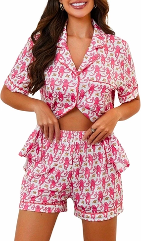 Ammiko Womens Pajamas Set Y2k Loungewear Pajama Button Down Top and Shorts Monkey Beach Short Sleeve Preppy Sleepwear