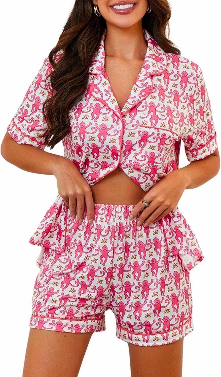 Ammiko Womens Pajamas Set Y2k Loungewear Pajama Button Down Top and Shorts Monkey Beach Short Sleeve Preppy Sleepwear