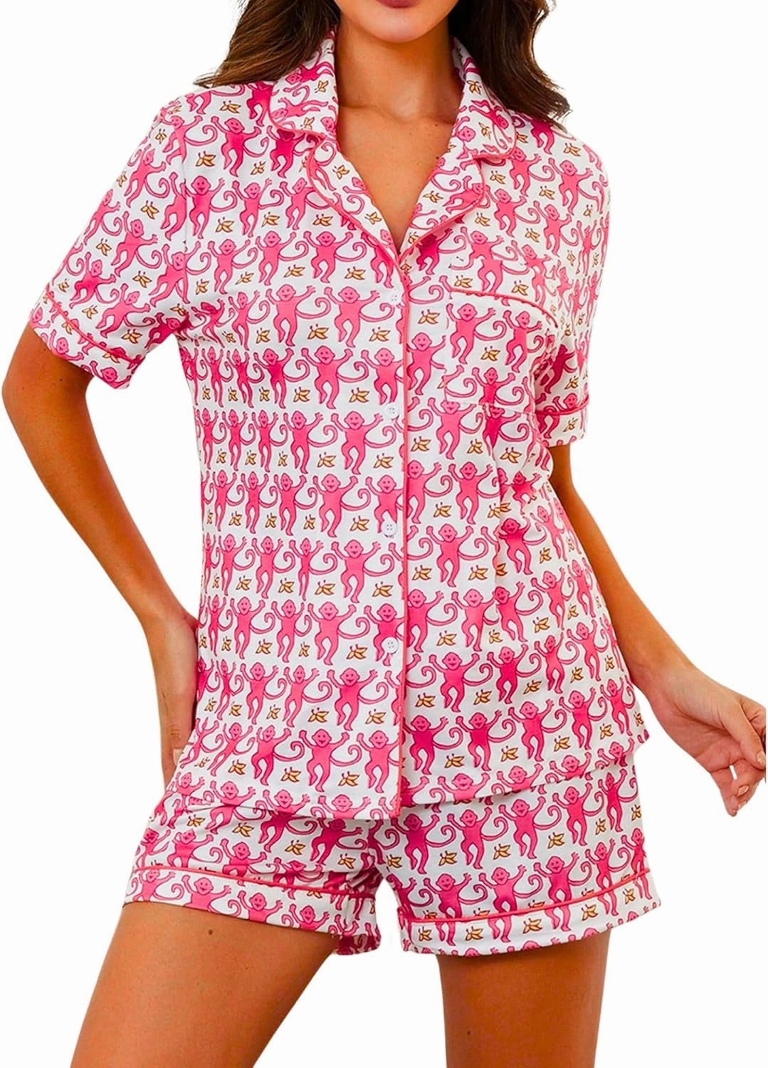 Ammiko Womens Pajamas Set Y2k Loungewear Pajama Button Down Top and Shorts Monkey Beach Short Sleeve Preppy Sleepwear