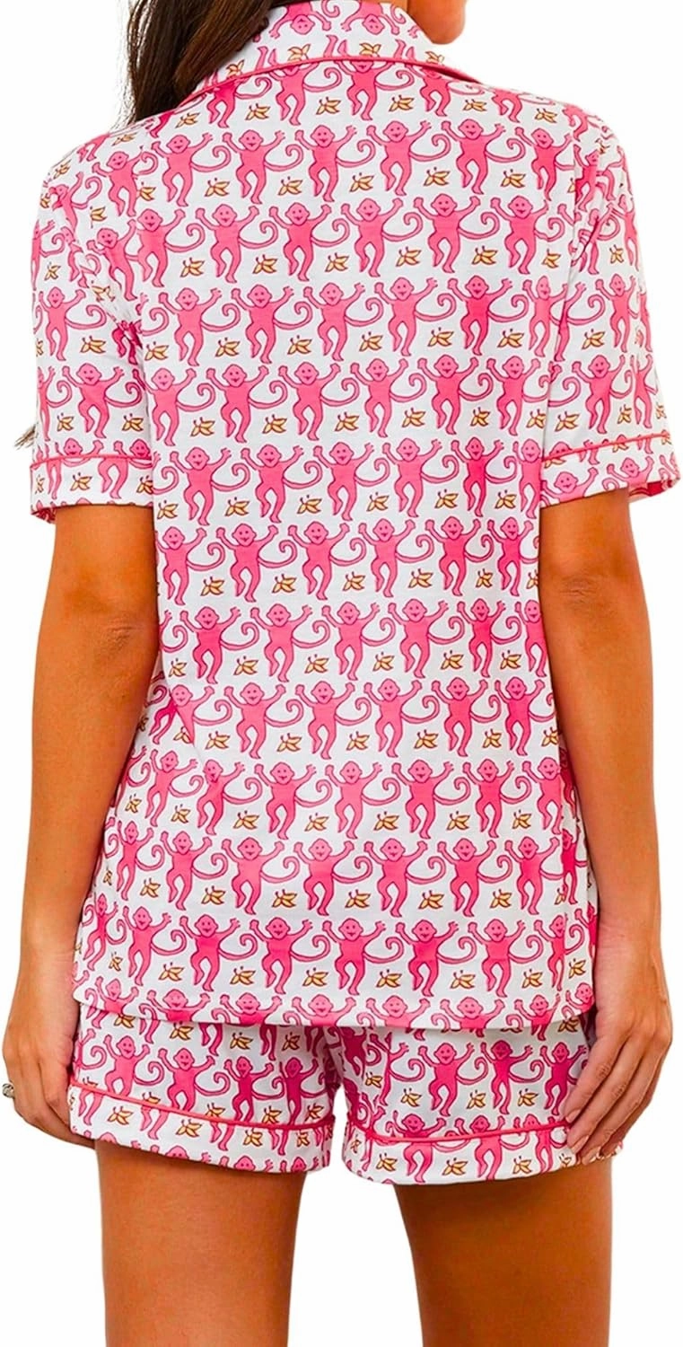 Ammiko Womens Pajamas Set Y2k Loungewear Pajama Button Down Top and Shorts Monkey Beach Short Sleeve Preppy Sleepwear