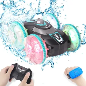 Amphibious Remote Control Car Boat for Kids - Birthday Gifts for Boys Girls Age 6 7 8 9 10 11 12 Year Old, 4WD Double Sided Stunt Car with LED Lights, 2.4GHz Waterproof Pool Vehicle Toys