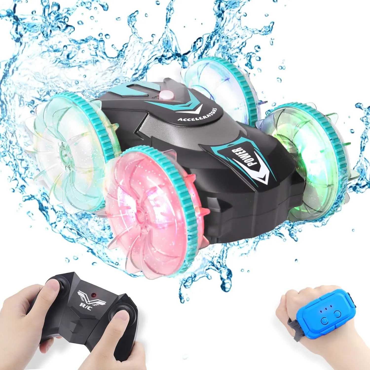 Amphibious Remote Control Car Boat for Kids - Birthday Gifts for Boys Girls Age 6 7 8 9 10 11 12 Year Old, 4WD Double Sided Stunt Car with LED Lights, 2.4GHz Waterproof Pool Vehicle Toys