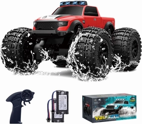 Amphibious Remote Control Car Waterproof Monster Truck Toys for Kid 4WD All Terrain Off Road RC Cars 2.4G RC Trucks 2 Batteries Drift RC Stunt Cars for Boys Age 6-12 Kids Gifts (RED)