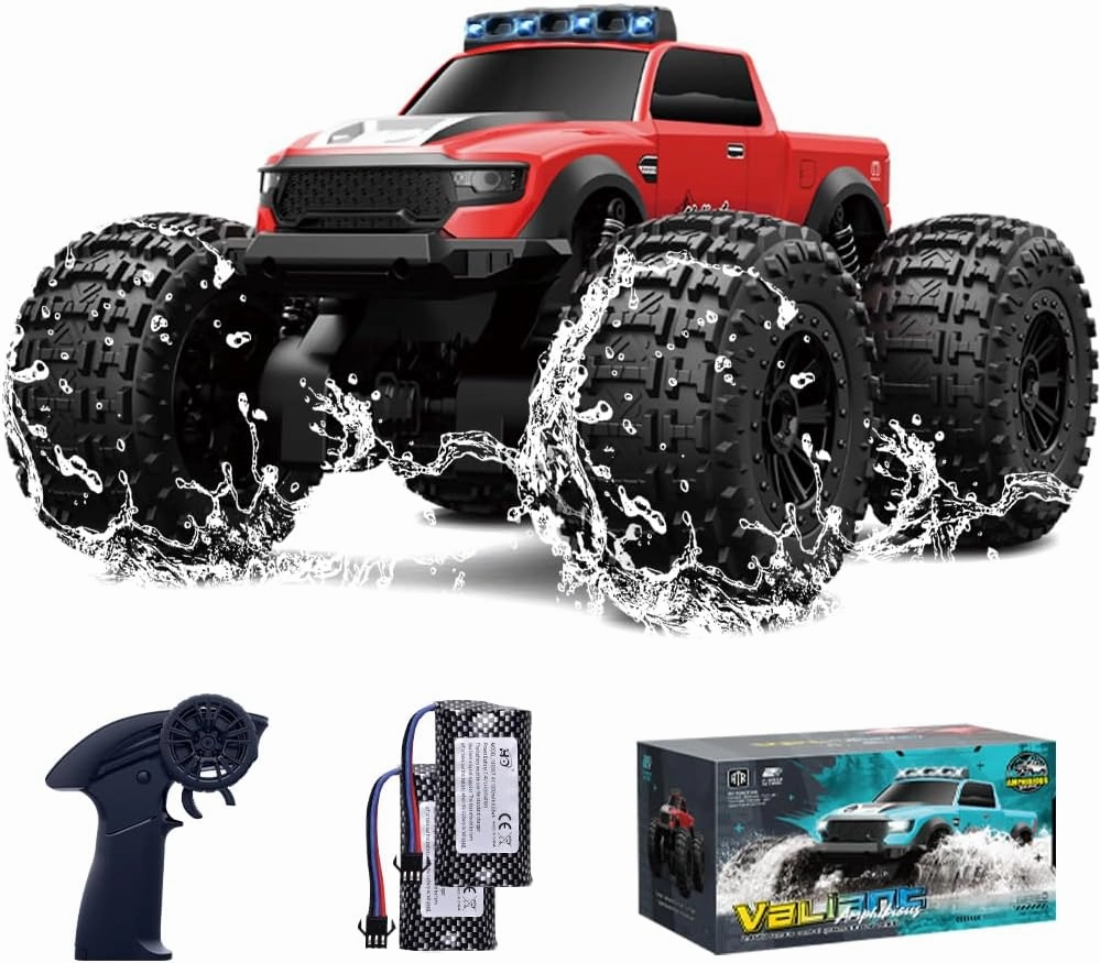 Amphibious Remote Control Car Waterproof Monster Truck Toys for Kid 4WD All Terrain Off Road RC Cars 2.4G RC Trucks 2 Batteries Drift RC Stunt Cars for Boys Age 6-12 Kids Gifts (RED)