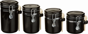 Anchor Hocking 4-Piece Ceramic Canister Set with Clamp Top Lid and Wooden Spoon, Black