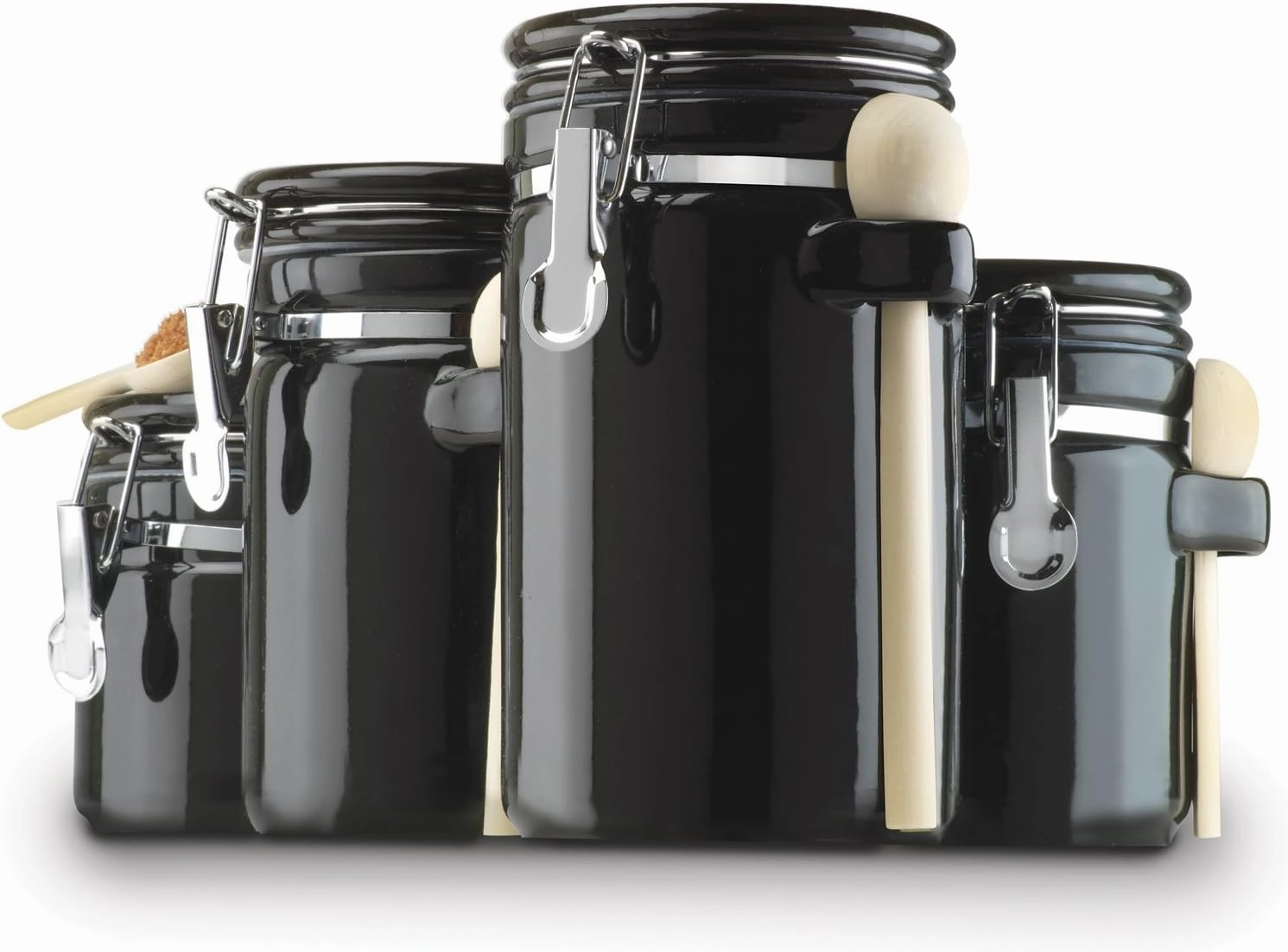 Anchor Hocking 4-Piece Ceramic Canister Set with Clamp Top Lid and Wooden Spoon, Black