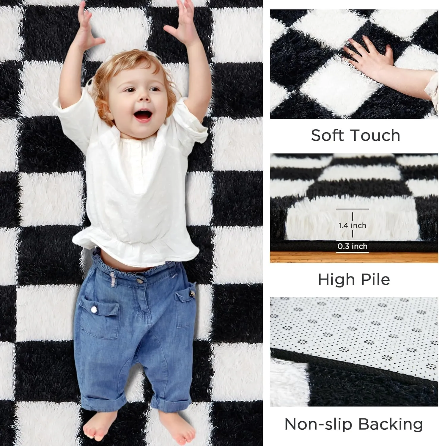 Andency 5x7 Ft Black and White Area Rug for Living Room Classic Checkered Shaggy Rug Non-Slip High Pile Soft Fluffy Rug Fuzzy Carpet Bedroom Kids Toddler Room Nursery Playroom, Cute Dorm Home Decor