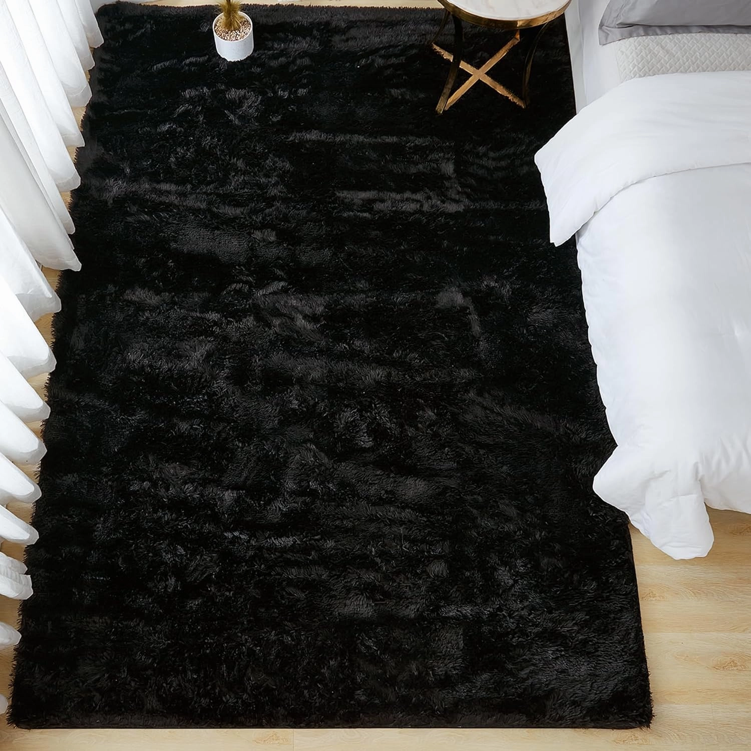 Andency 5x8 Black Shag Area Rug for Living Room, Faux Fur Fuzzy Plush Indoor Bedroom Rugs & Carpets, Non Skid Soft Fluffy Rug for Room
