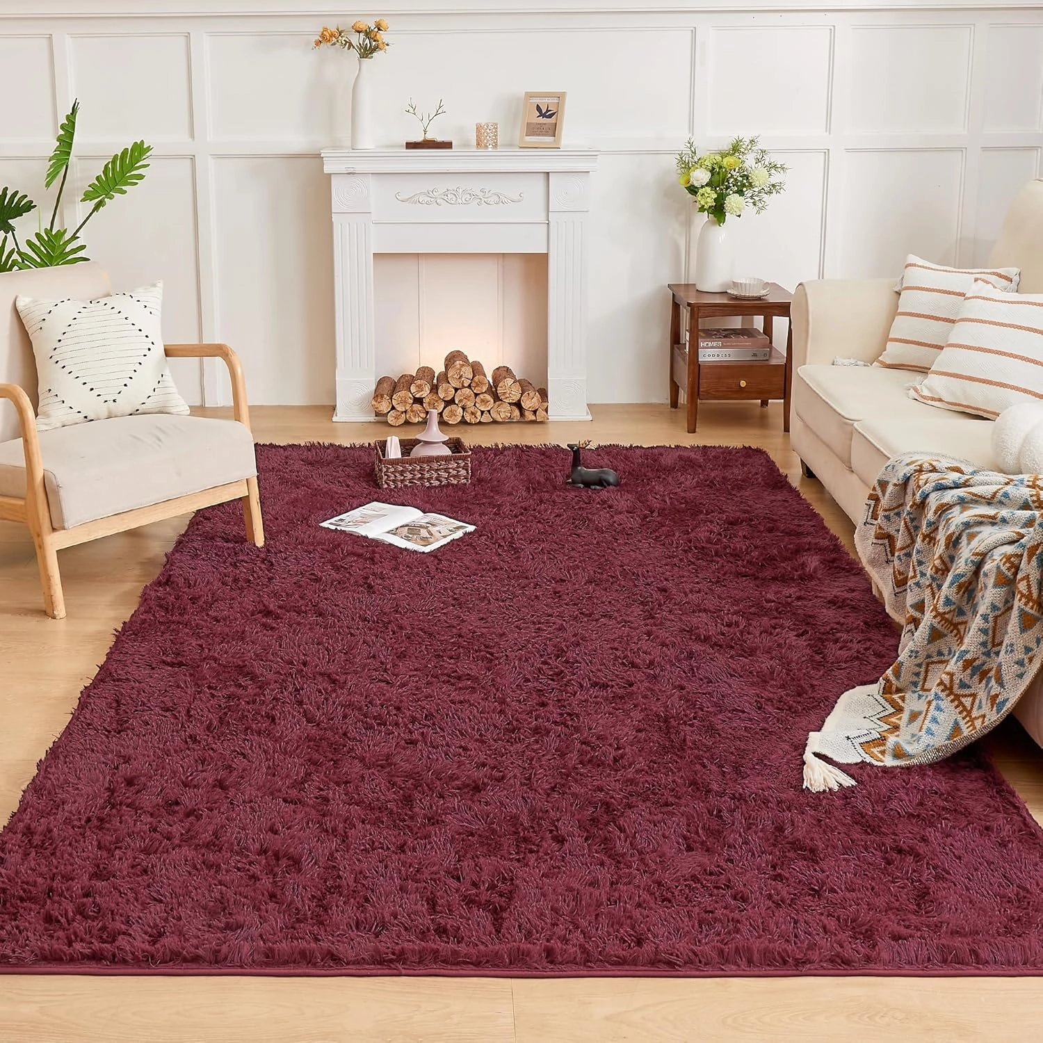 Andency 5x8 Burgundy Shag Area Rug for Living Room, Faux Fur Fuzzy Plush Indoor Bedroom Rugs & Carpets, Non Skid Soft Fluffy Rug for Room