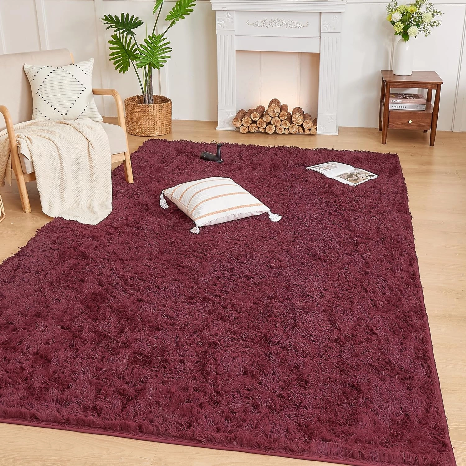 Andency 5x8 Burgundy Shag Area Rug for Living Room, Faux Fur Fuzzy Plush Indoor Bedroom Rugs & Carpets, Non Skid Soft Fluffy Rug for Room