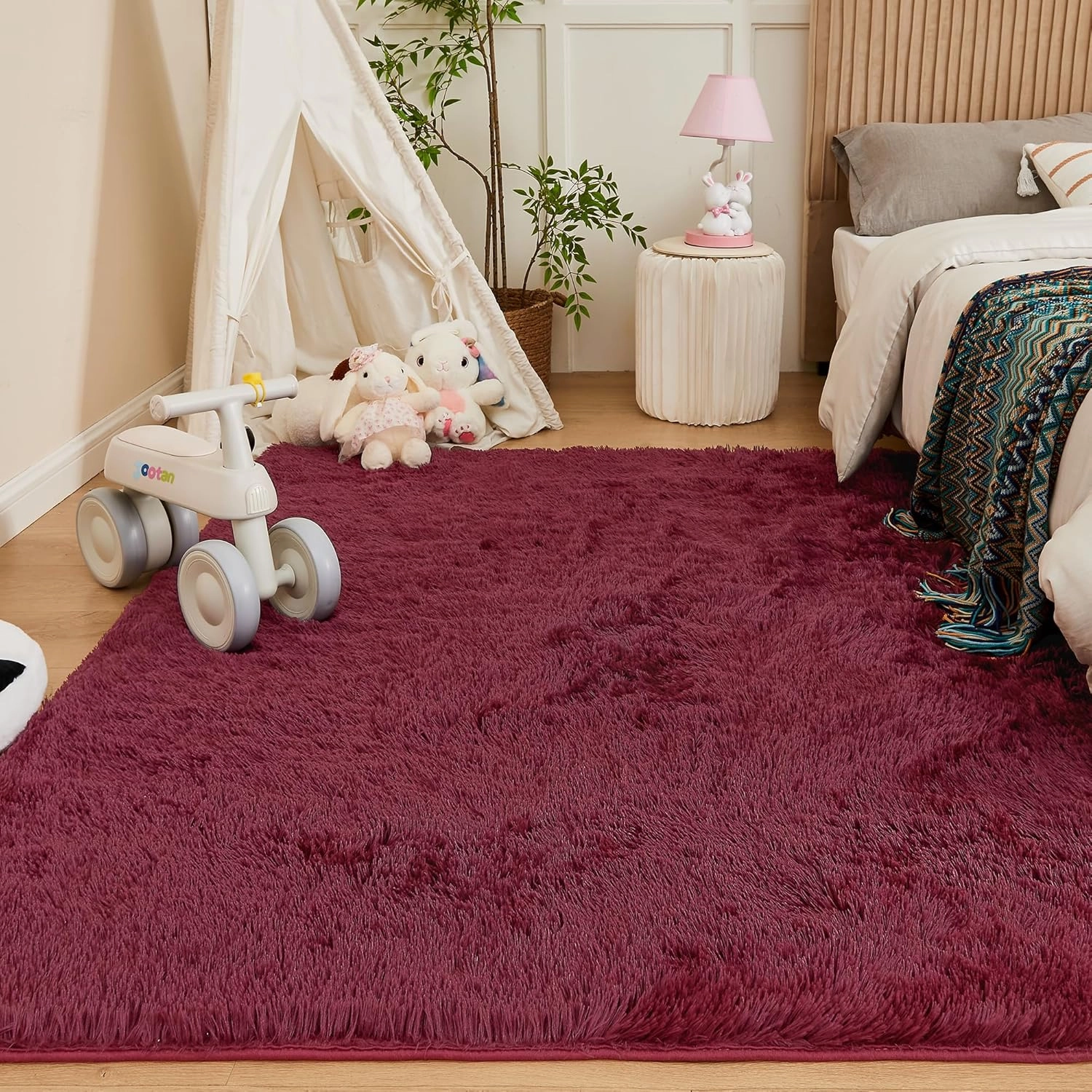 Andency 5x8 Burgundy Shag Area Rug for Living Room, Faux Fur Fuzzy Plush Indoor Bedroom Rugs & Carpets, Non Skid Soft Fluffy Rug for Room
