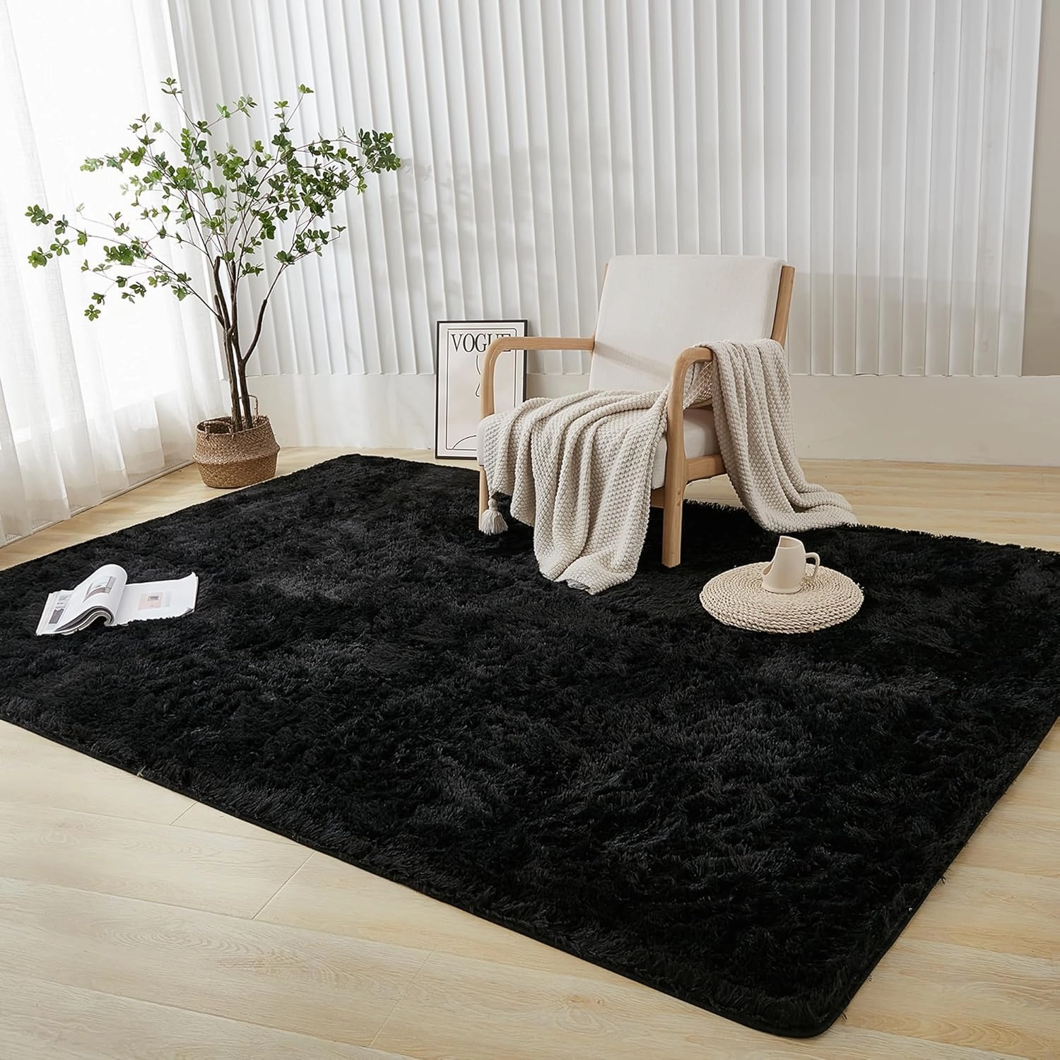 Andency 6x9 Black Shag Area Rug for Living Room, Faux Fur Fuzzy Plush Indoor Bedroom Rugs & Carpets, Non Skid Soft Fluffy Rug for Room