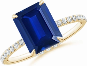 Angara Lab Grown Emerald-Cut Blue Sapphire Hidden Halo Classic Engagement Ring in 14K Solid Gold/Platinum | September Birthstone, Birthday, Anniversary, Wedding Jewelry Gift for Women