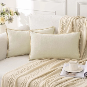 ANRODUO Pack of 2 Cream White Chenille Throw Pillow Covers 12x20 Inch Farmhouse Decorative Pillow Covers with Stitched Edge Soft Throw Pillows for Couch Sofa Bed and Living Room Christmas Home Decor