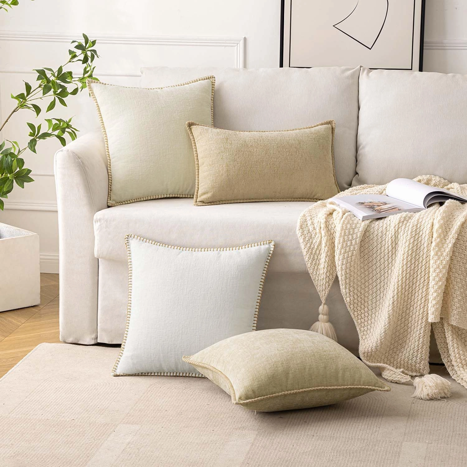 ANRODUO Pack of 2 Cream White Chenille Throw Pillow Covers 12x20 Inch Farmhouse Decorative Pillow Covers with Stitched Edge Soft Throw Pillows for Couch Sofa Bed and Living Room Christmas Home Decor