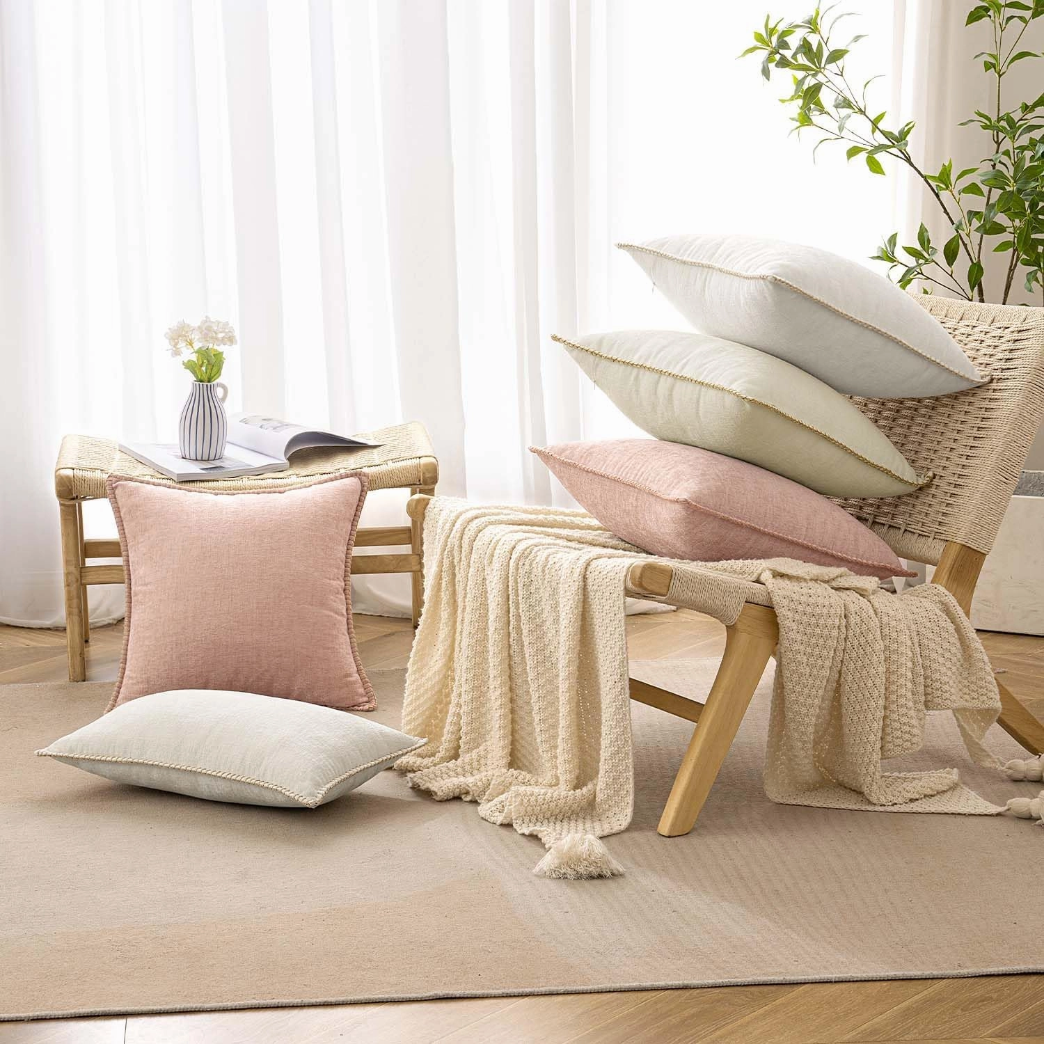 ANRODUO Pack of 2 Cream White Chenille Throw Pillow Covers 12x20 Inch Farmhouse Decorative Pillow Covers with Stitched Edge Soft Throw Pillows for Couch Sofa Bed and Living Room Christmas Home Decor