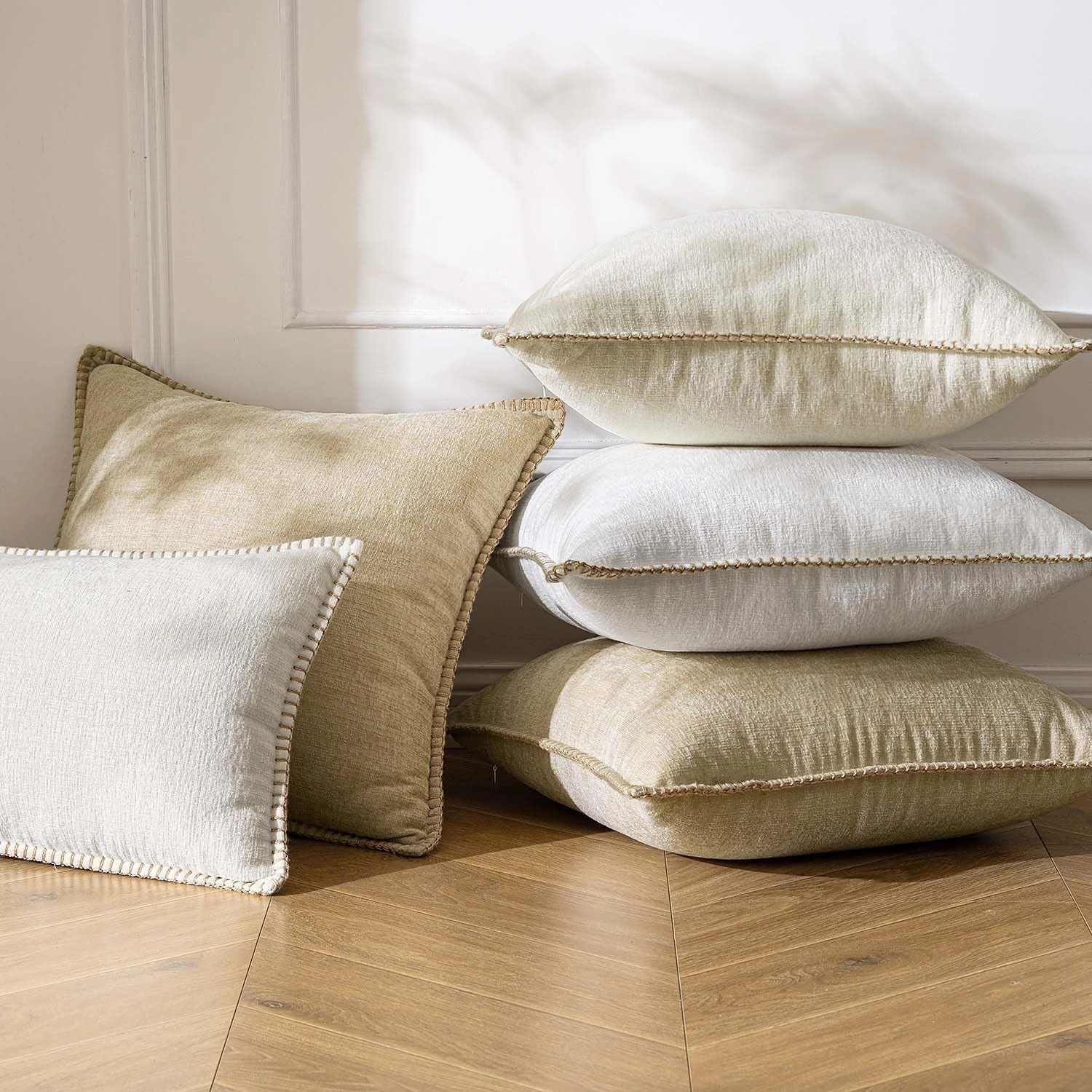 ANRODUO Pack of 2 Cream White Chenille Throw Pillow Covers 12x20 Inch Farmhouse Decorative Pillow Covers with Stitched Edge Soft Throw Pillows for Couch Sofa Bed and Living Room Christmas Home Decor