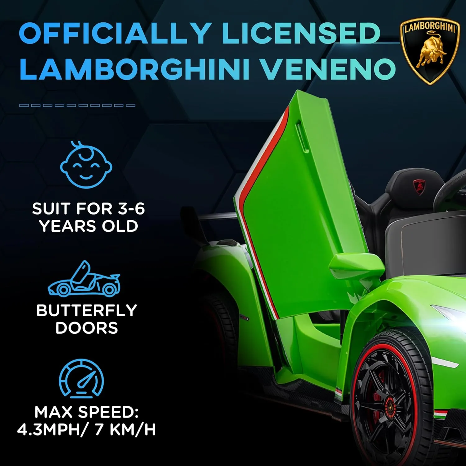 Aosom Lamborghini Veneno Licensed Kids Electric Car with Bluetooth, 12V Ride on Car with Butterfly Doors, Remote Control, Portable Battery, Suspension System, Horn, Songs, Lights, Green