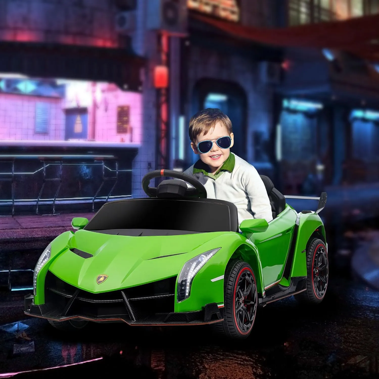 Aosom Lamborghini Veneno Licensed Kids Electric Car with Bluetooth, 12V Ride on Car with Butterfly Doors, Remote Control, Portable Battery, Suspension System, Horn, Songs, Lights, Green