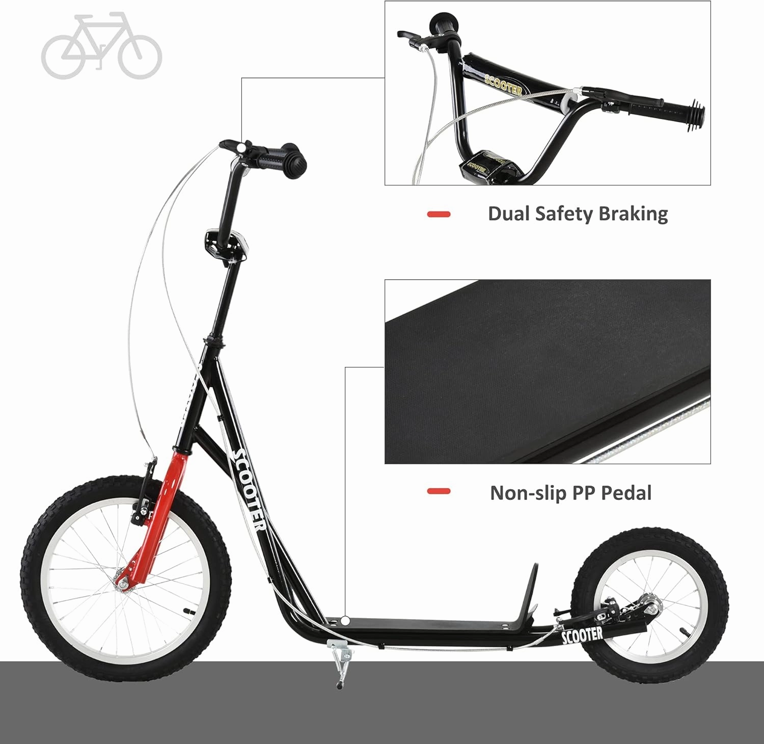 Aosom Youth Scooter, Teens Kick Scooter, Adjustable Handlebar Ride On Toy for 5  with 16" Front and 12" Rear Dual Brakes Inflatable Wheels
