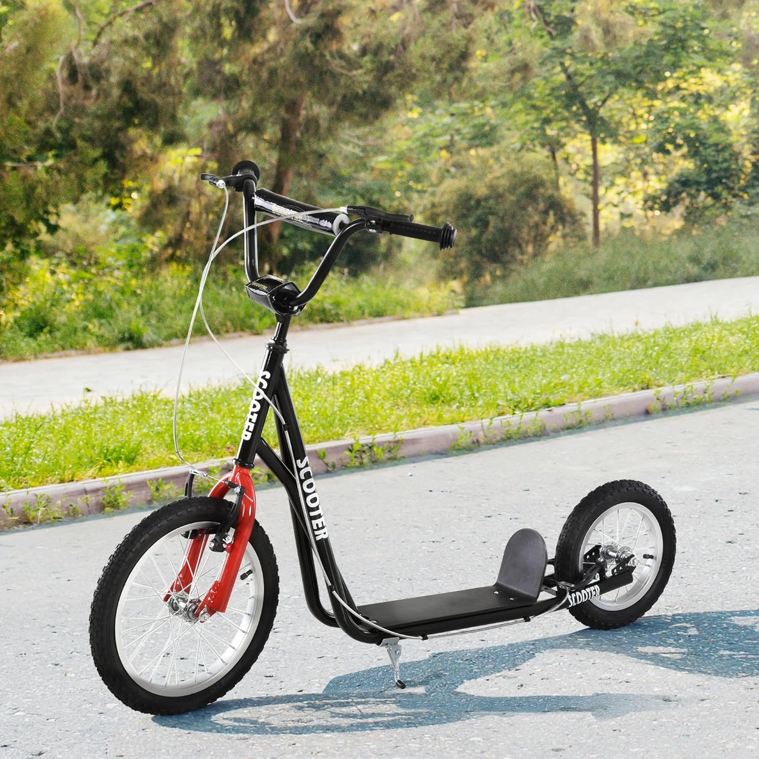 Aosom Youth Scooter, Teens Kick Scooter, Adjustable Handlebar Ride On Toy for 5  with 16" Front and 12" Rear Dual Brakes Inflatable Wheels