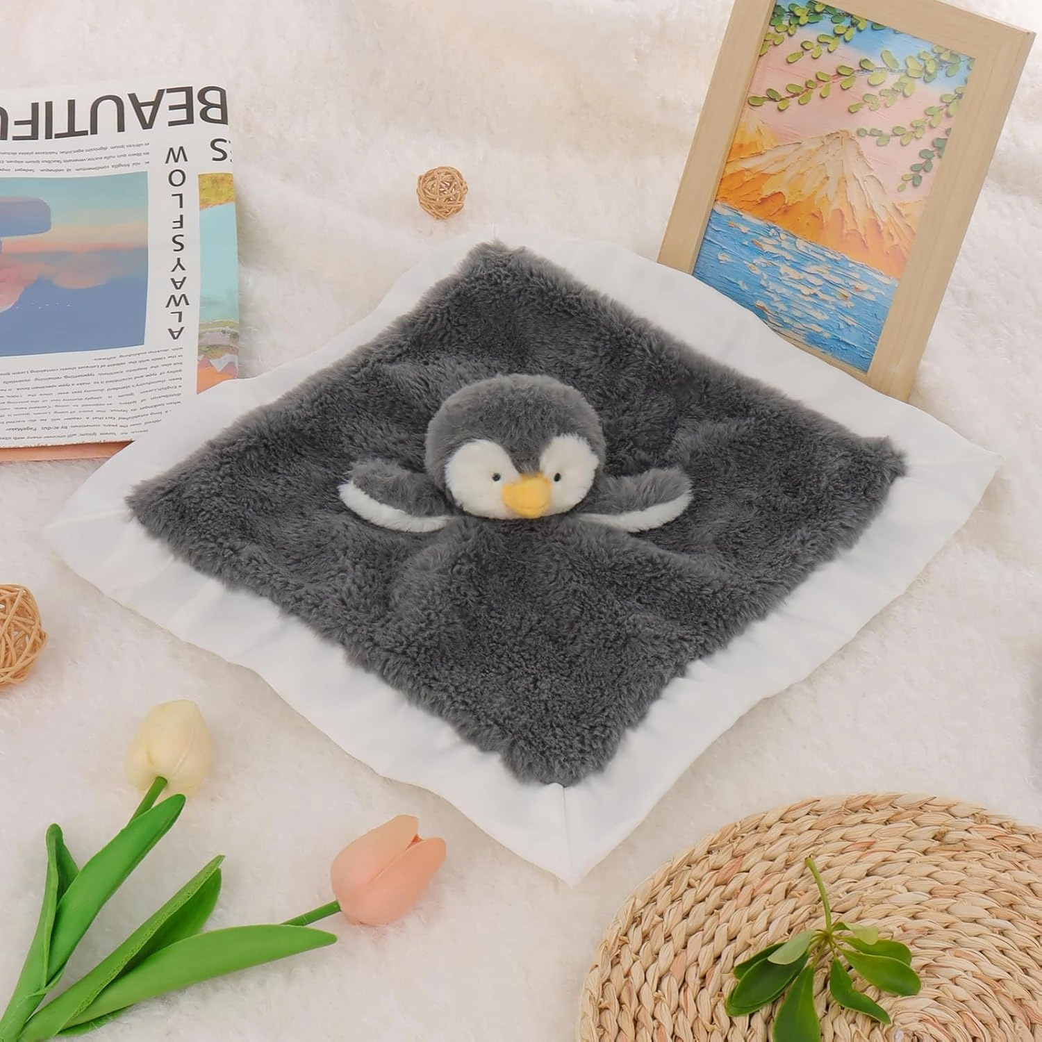 Apricot Lamb Stuffed Animals Soft Security Blanket Gray Penguin Infant Nursery Character Blanket Luxury Snuggler Plush(Gray Penguin, 14 Inches)