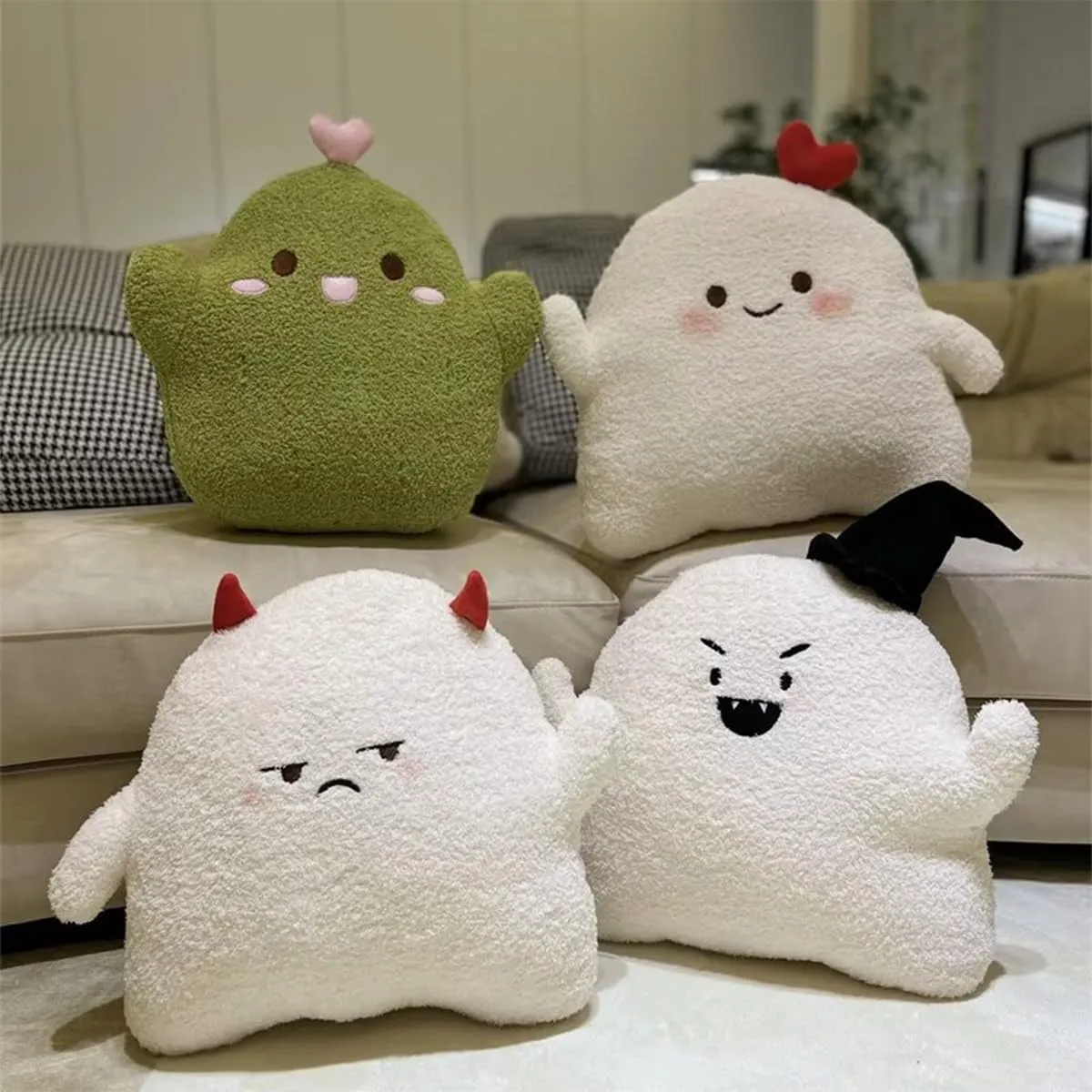 ARELUX Cute Ghost Plush Pillow,Soft White Devil Ghost Stuffed Animals Snowman Plushies Kawaii Doll Toy Funny Room Decor Gift for Girls Boys Birthday,Halloween,Christmas