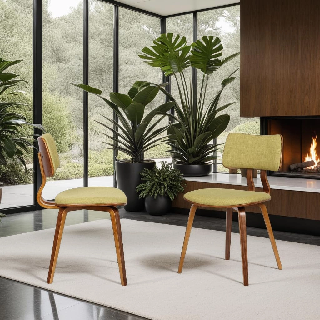 Armen Living Jaguar Mid Century Modern Dining Accent Chair for Kitchen Table Desk Vanity in Green Fabric and Walnut Wood Finish