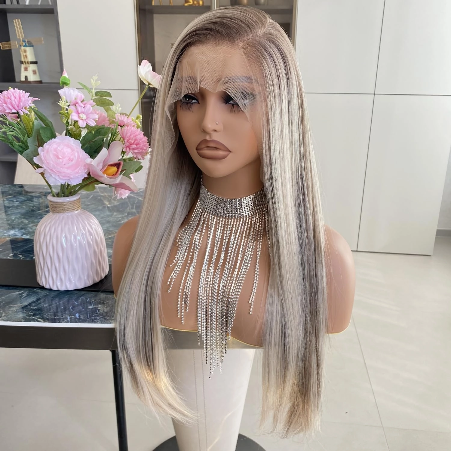 Ash Blonde Wigs with Brown Highlight Ombre Dark Root 13x6 Lace Front Wig Long Silk Straight Pre Plucked Synthetic Fiber Piano Color 24Inch for Women Girls