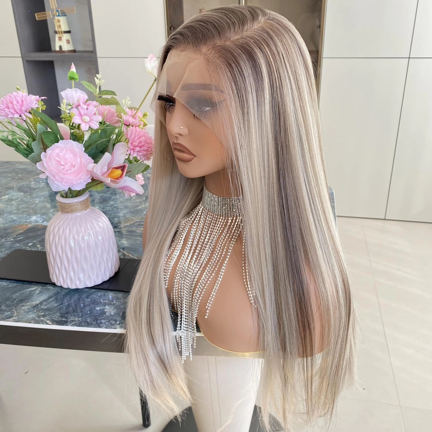 Ash Blonde Wigs with Brown Highlight Ombre Dark Root 13x6 Lace Front Wig Long Silk Straight Pre Plucked Synthetic Fiber Piano Color 24Inch for Women Girls