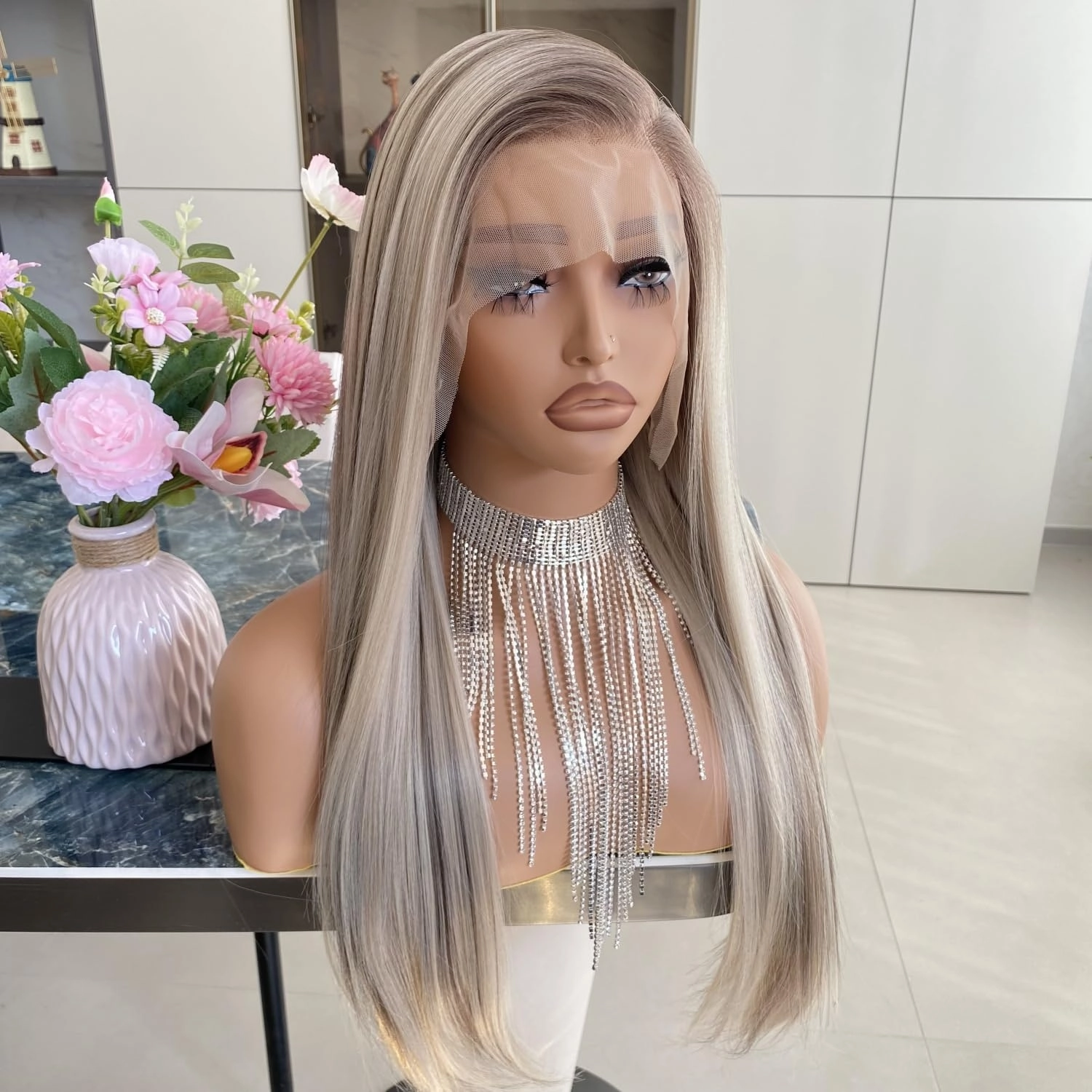 Ash Blonde Wigs with Brown Highlight Ombre Dark Root 13x6 Lace Front Wig Long Silk Straight Pre Plucked Synthetic Fiber Piano Color 24Inch for Women Girls