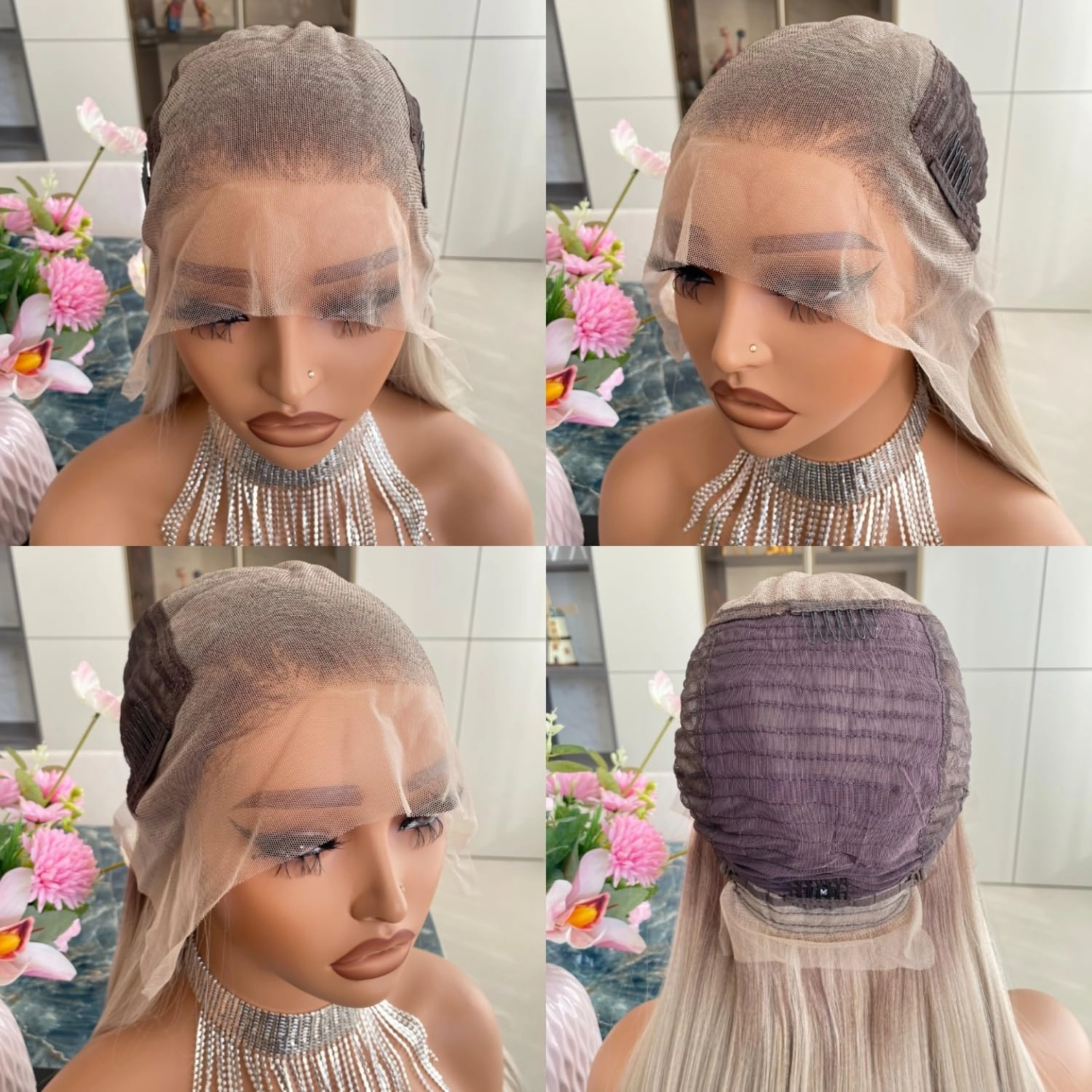 Ash Blonde Wigs with Brown Highlight Ombre Dark Root 13x6 Lace Front Wig Long Silk Straight Pre Plucked Synthetic Fiber Piano Color 24Inch for Women Girls