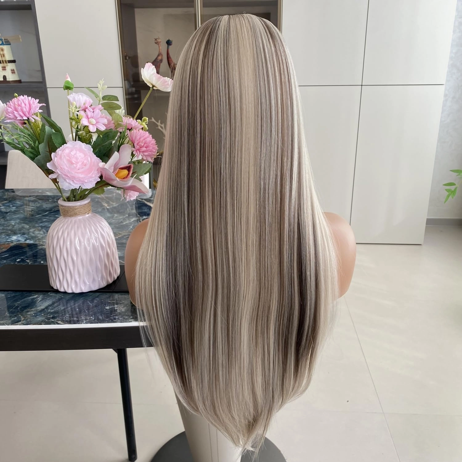 Ash Blonde Wigs with Brown Highlight Ombre Dark Root 13x6 Lace Front Wig Long Silk Straight Pre Plucked Synthetic Fiber Piano Color 24Inch for Women Girls