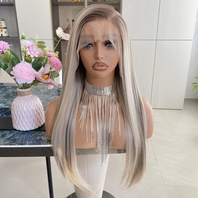 Ash Blonde Wigs with Brown Highlight Ombre Dark Root 13x6 Lace Front Wig Long Silk Straight Pre Plucked Synthetic Fiber Piano Color 24Inch for Women Girls