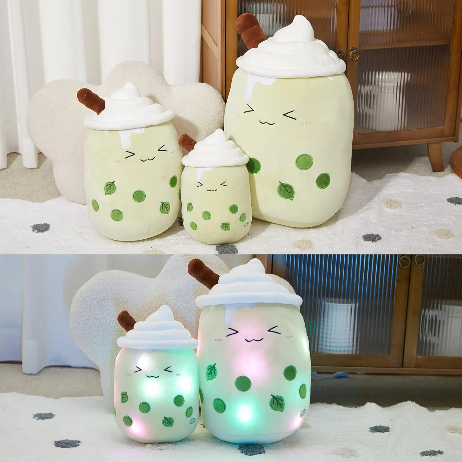 Athoinsu Light Up Matcha Boba Tea Plush Pillow 10'' Kawaii Stuffed Bubble Stuffed Animal Toy with LED Lights Birthday Christmas Holiday Valentines Gifts for Kids,Girls,Boys