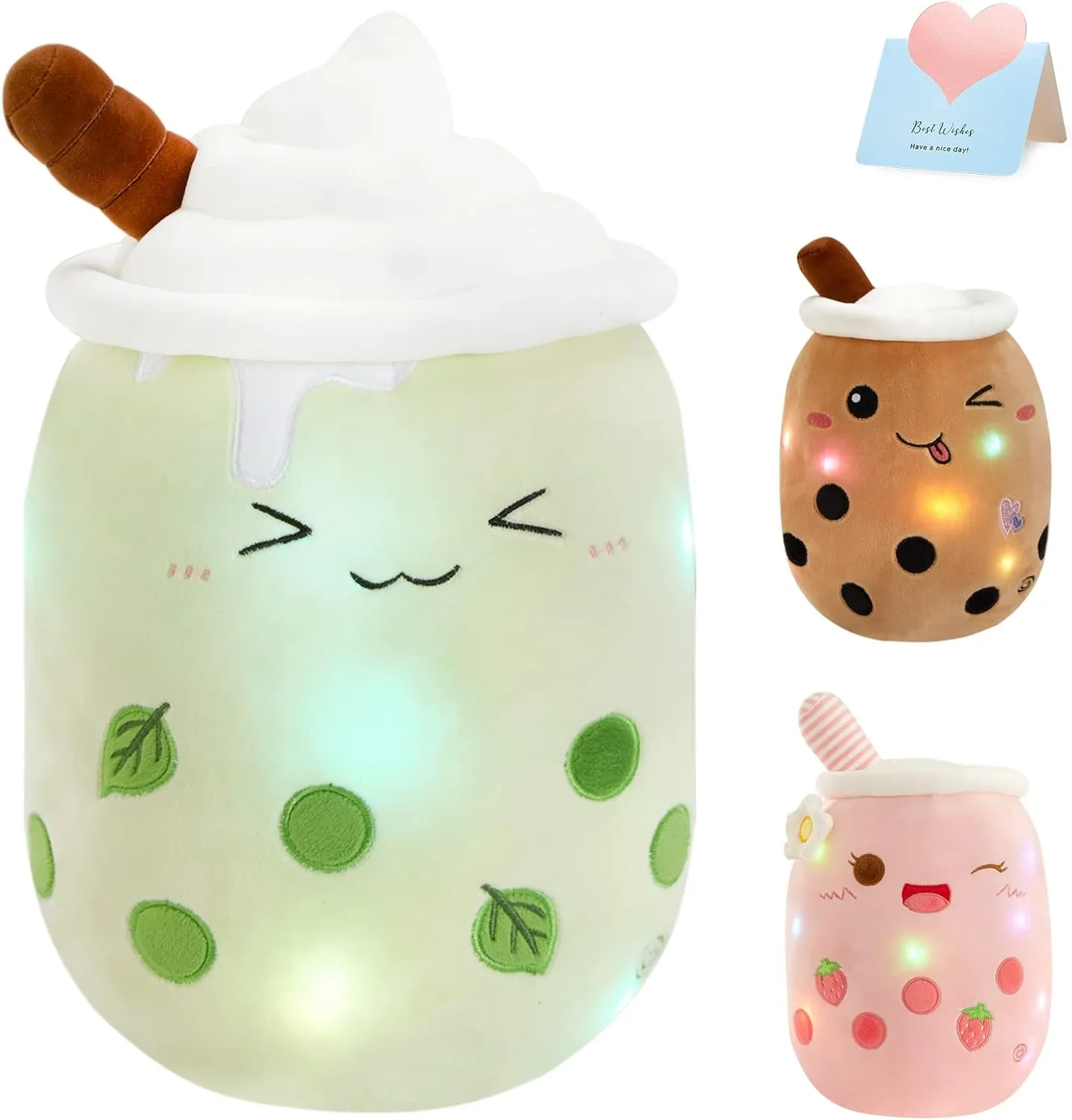 Athoinsu Light Up Matcha Boba Tea Plush Pillow 10'' Kawaii Stuffed Bubble Stuffed Animal Toy with LED Lights Birthday Christmas Holiday Valentines Gifts for Kids,Girls,Boys