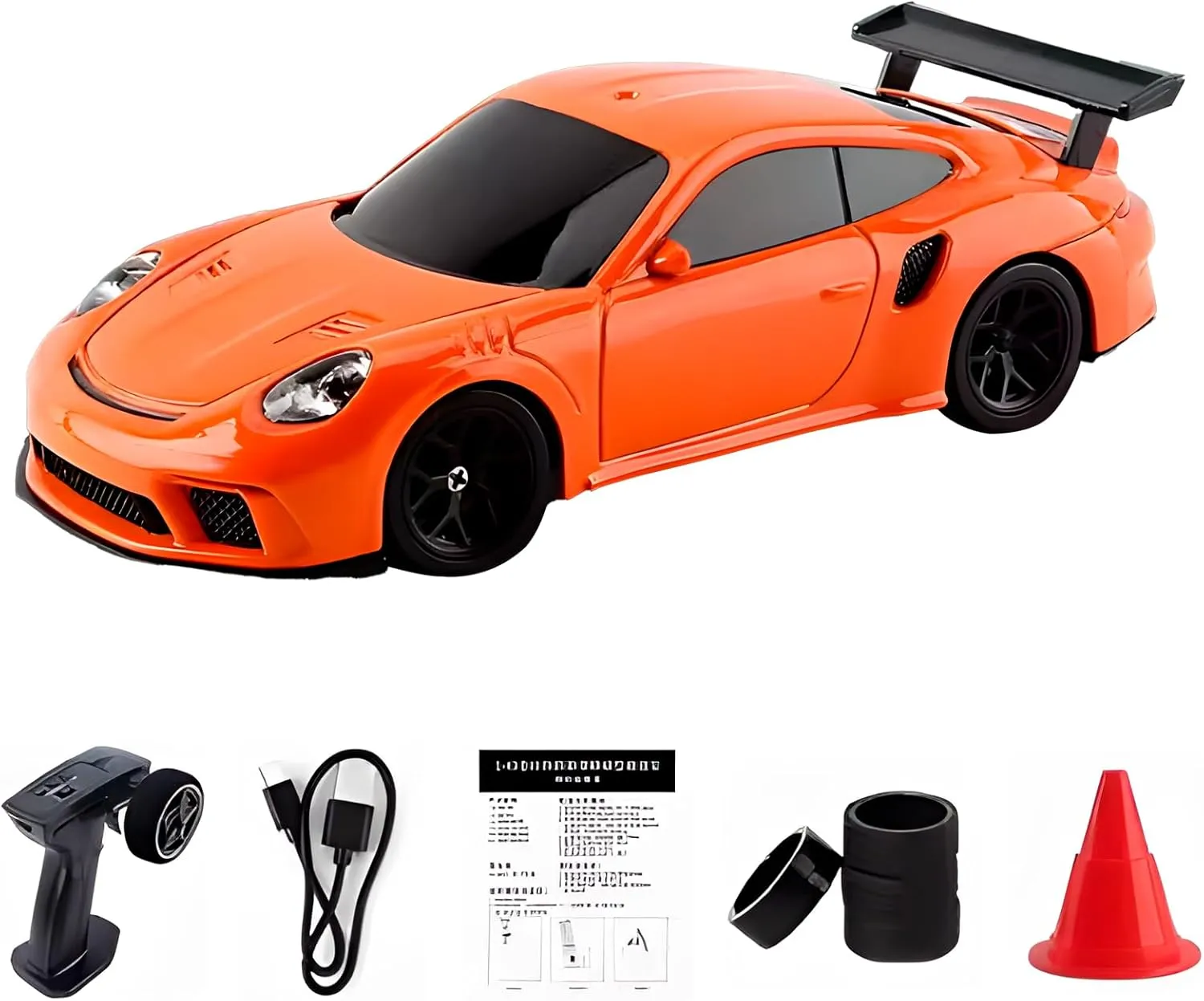 Atlodas 1/43 Gyro RC Car with Lights and 4WD - Orange High Speed Drift Racing Model for Adults