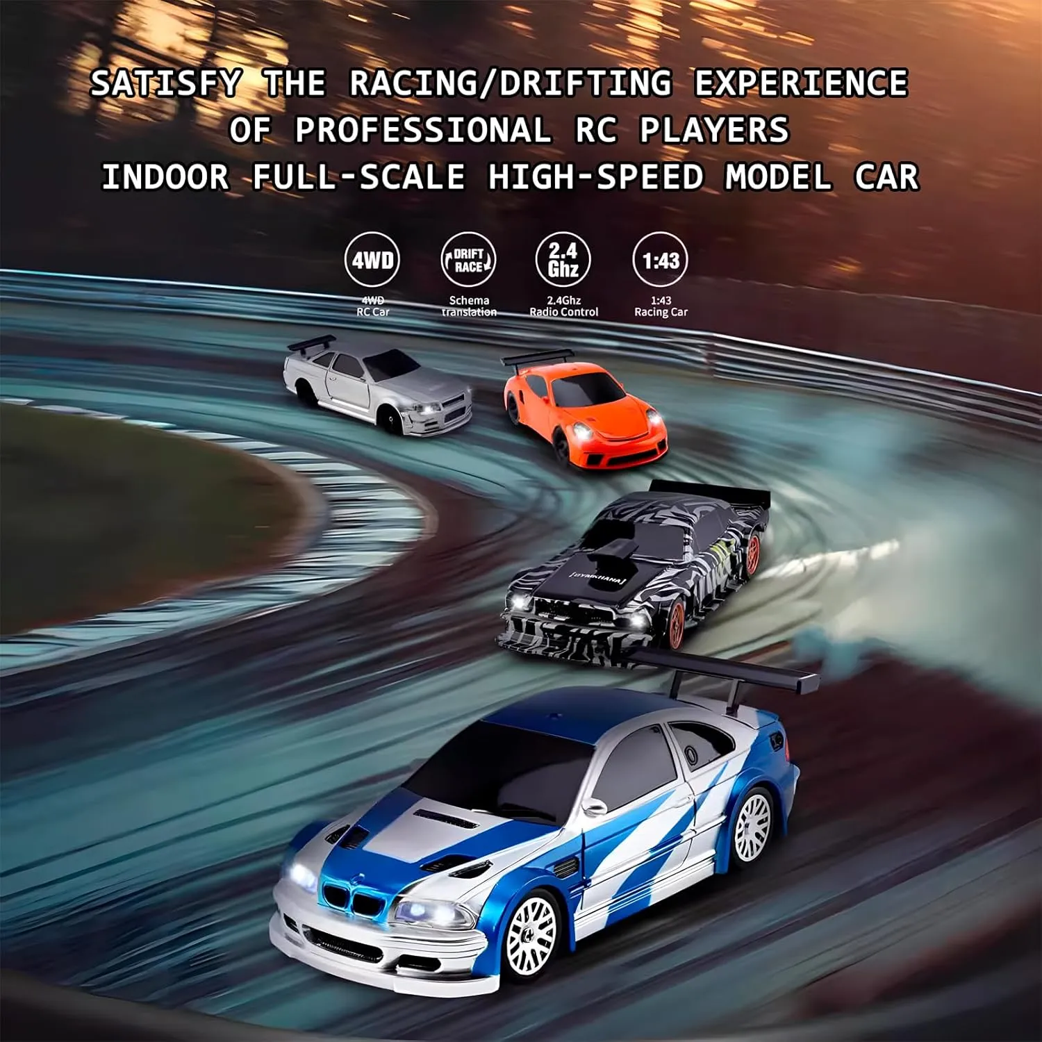 Atlodas 1/43 Gyro RC Car with Lights and 4WD - Orange High Speed Drift Racing Model for Adults