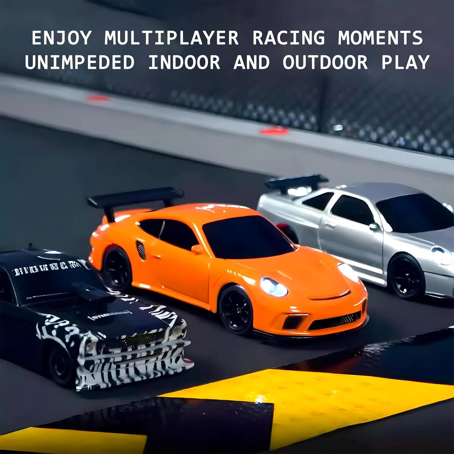 Atlodas 1/43 Gyro RC Car with Lights and 4WD - Orange High Speed Drift Racing Model for Adults