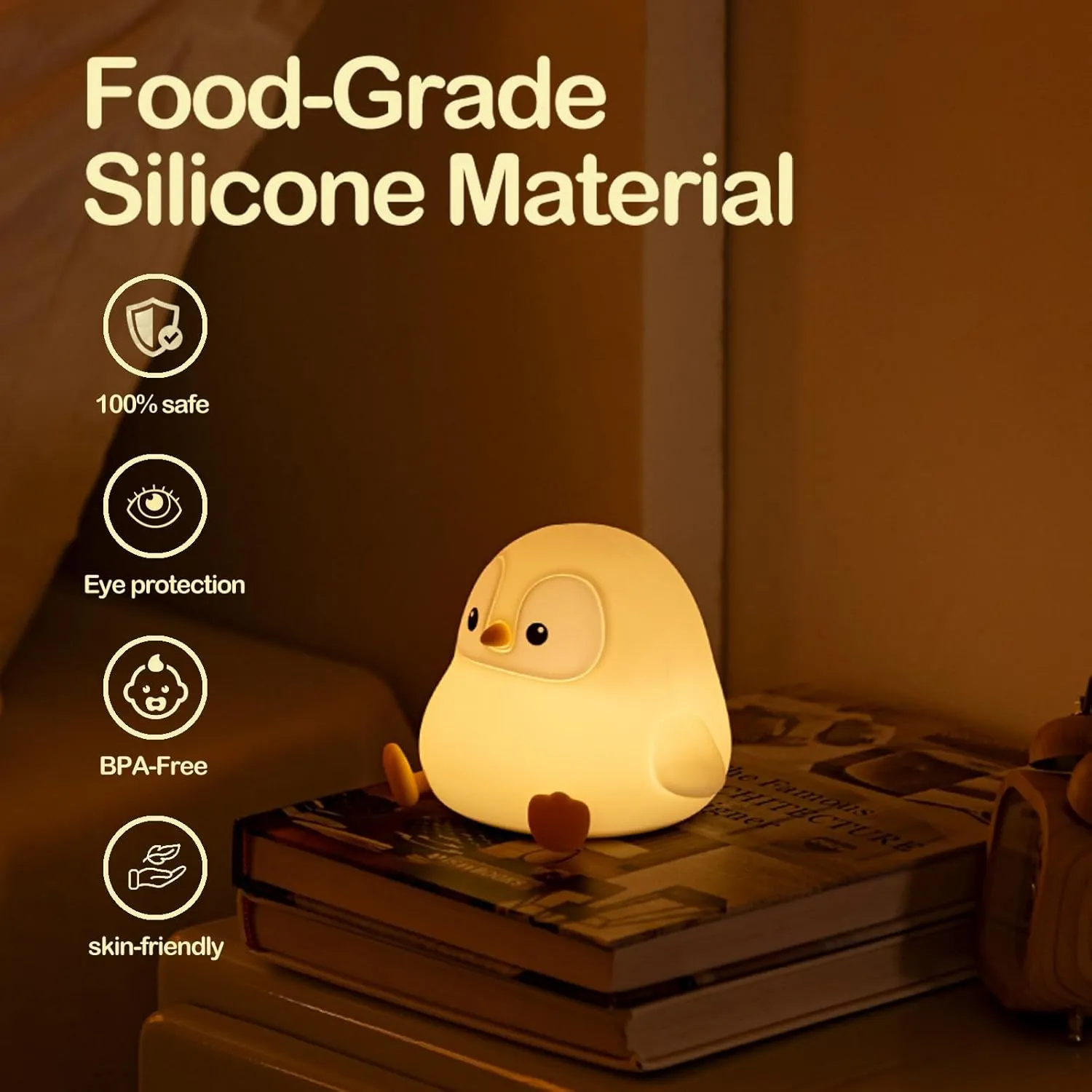 ATSUI Penguin Night Light, LED Squishy Novelty Animal Night Lamp, Food Grade Silicone, 2 Level Dimmable, Nursery Nightlight for Desk Decor, Funny Gifts Stuff for Boys Girls Baby, White Elephant Gifts